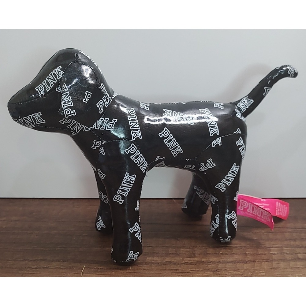 VICTORIA'S SECRET PINK Black & White Lettering Pleather Vinyl Stuffed Plush Dog
